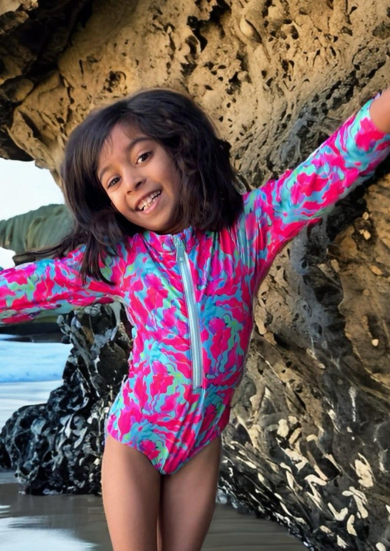 Artistic Waves Girls' Colorful Swirl Rashguard Swimsuit