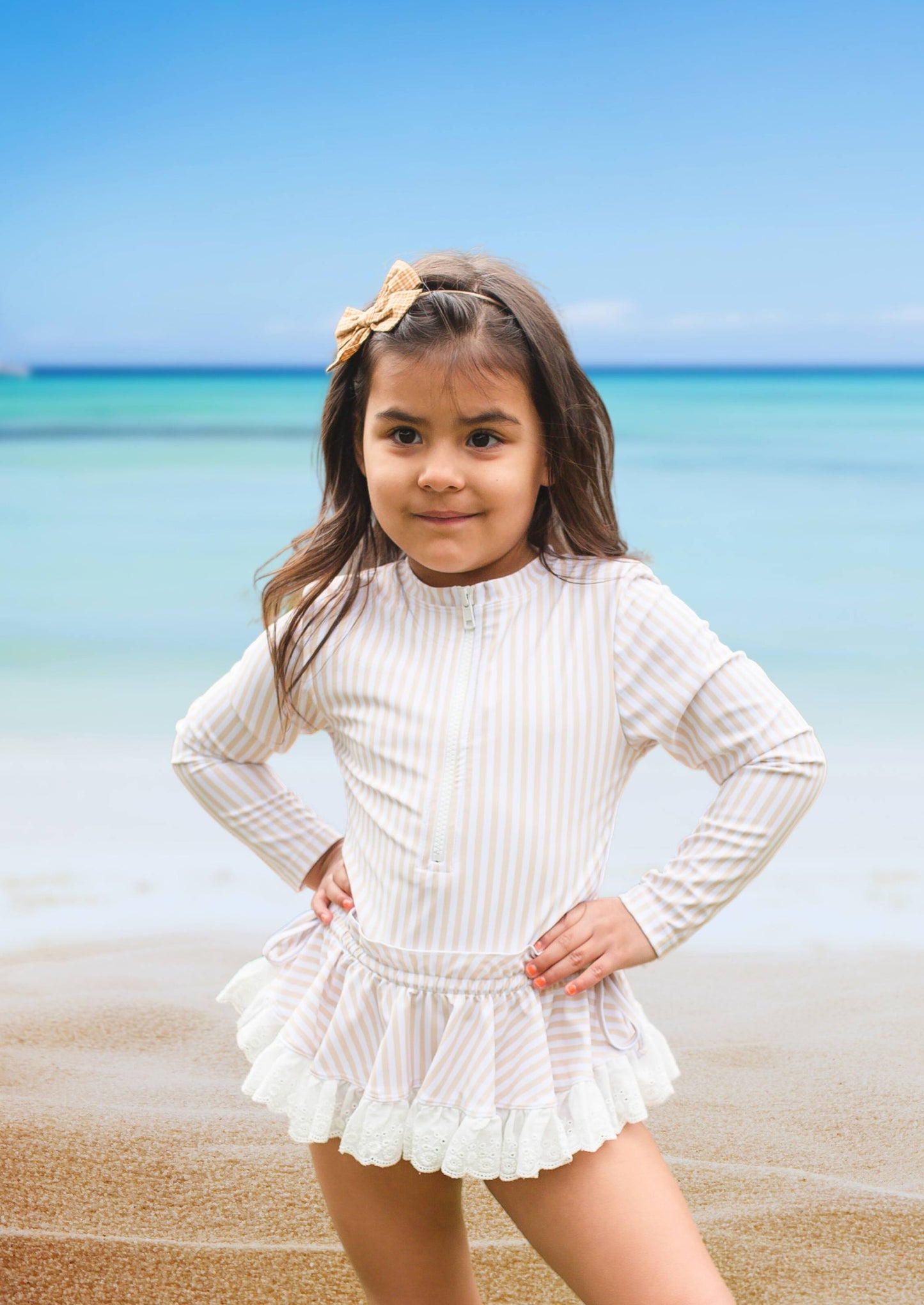 Tan Striped Girls Rash-guard