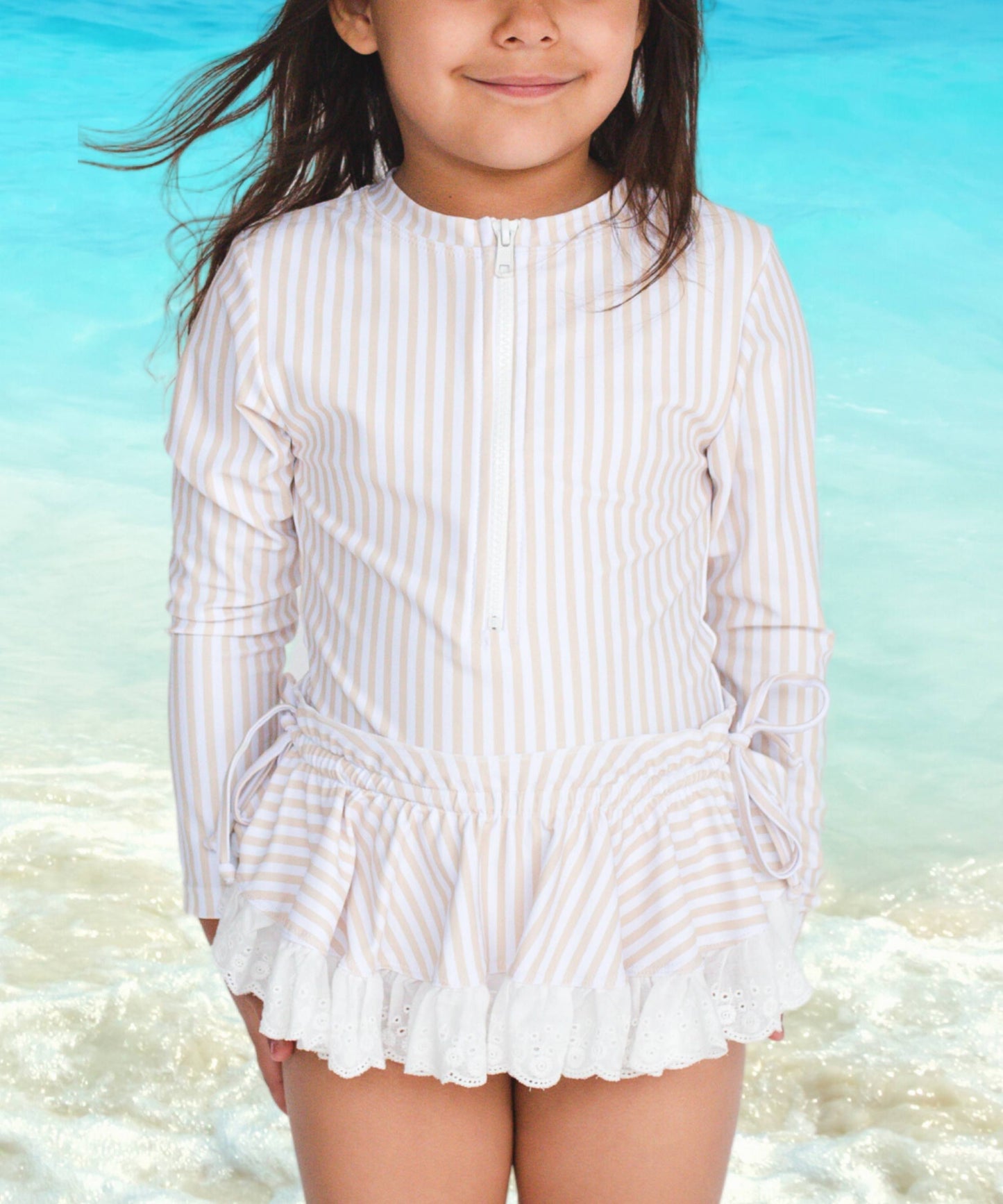 Tan Striped Girls Rash-guard