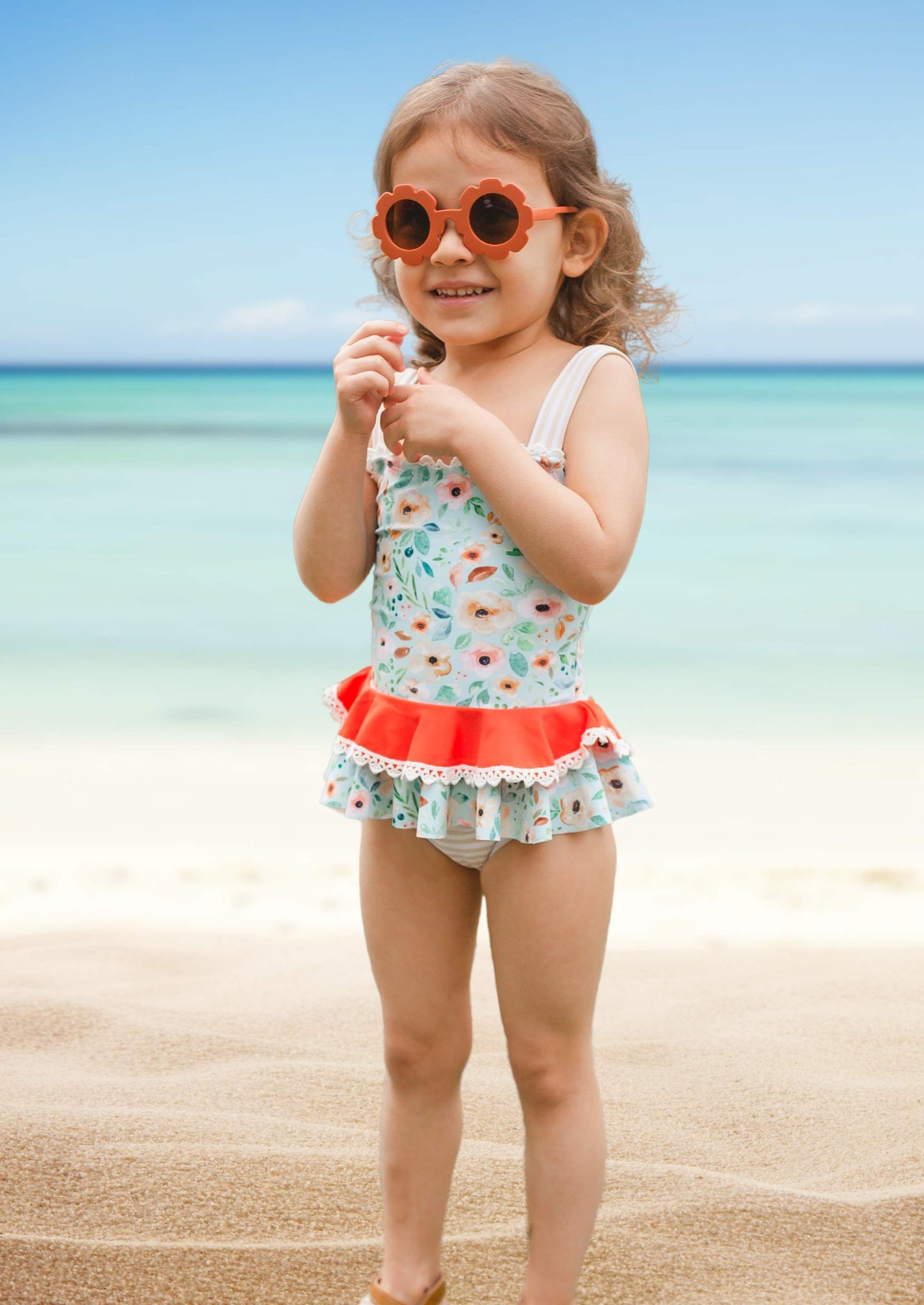 Floral & Tan stripes 2 pc swimsuit