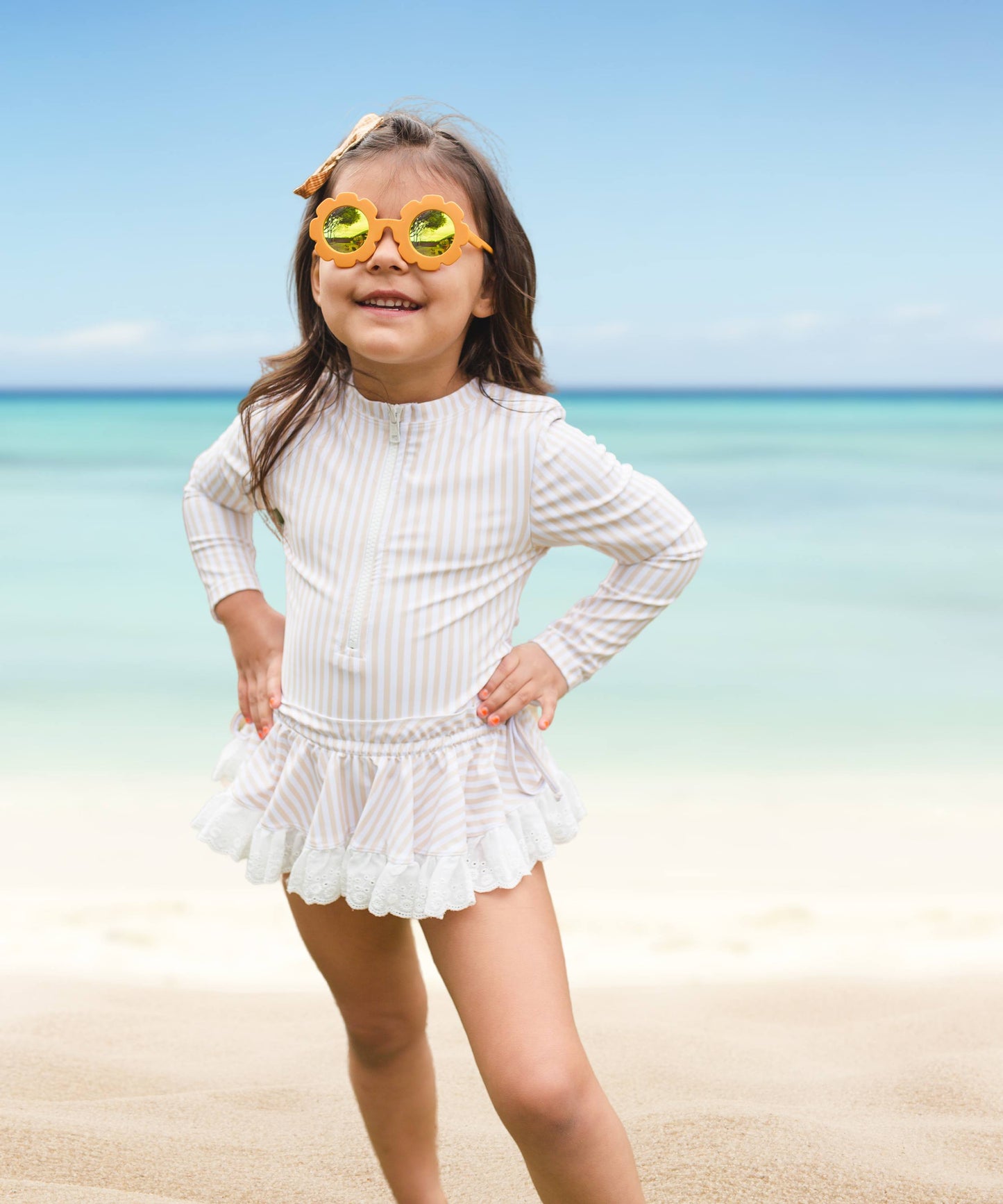 Tan Striped Girls Rash-guard