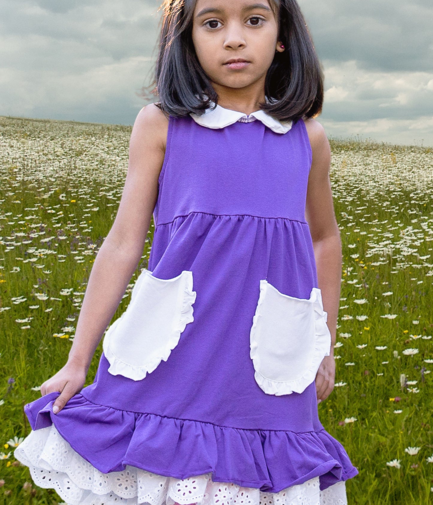 Purple Ruffled pocket Spring Dress