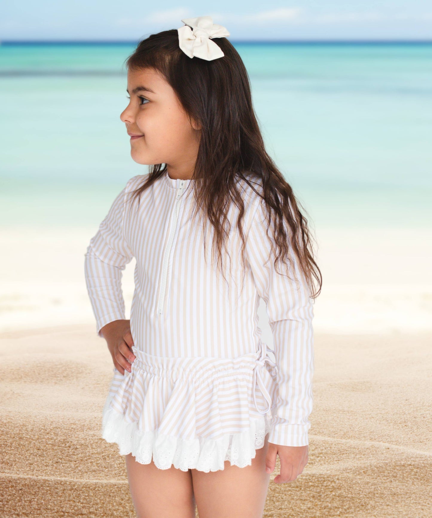 Tan Striped Girls Rash-guard