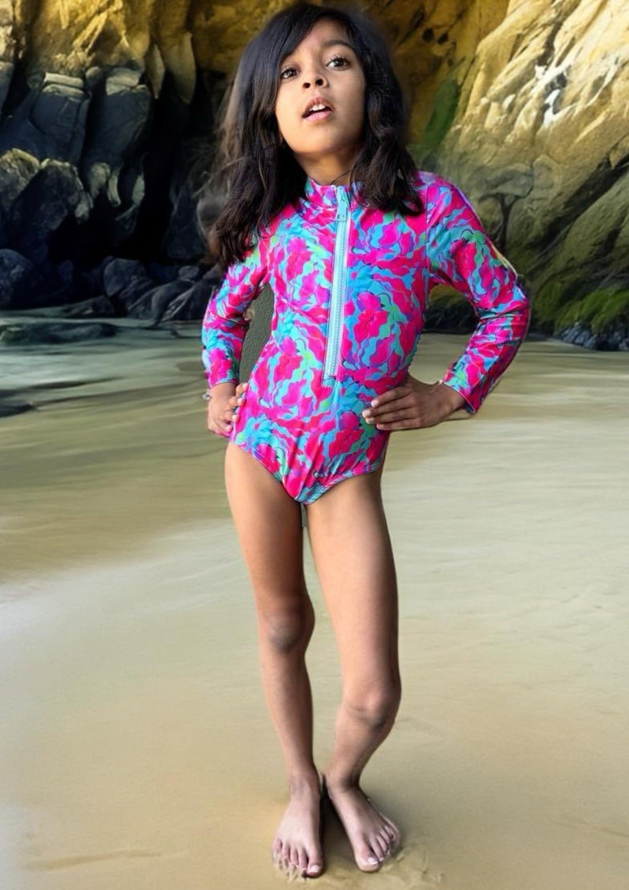 Artistic Waves Girls' Colorful Swirl Rashguard Swimsuit