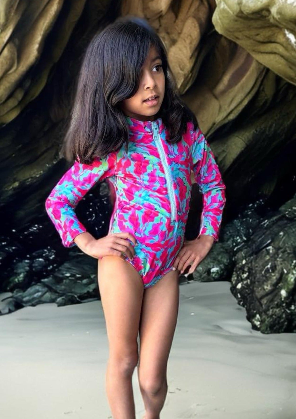 Artistic Waves Girls' Colorful Swirl Rashguard Swimsuit
