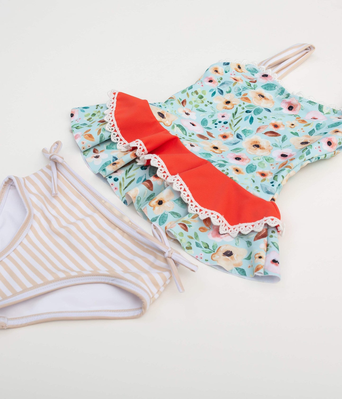 Floral & Tan stripes Girls Swimwear