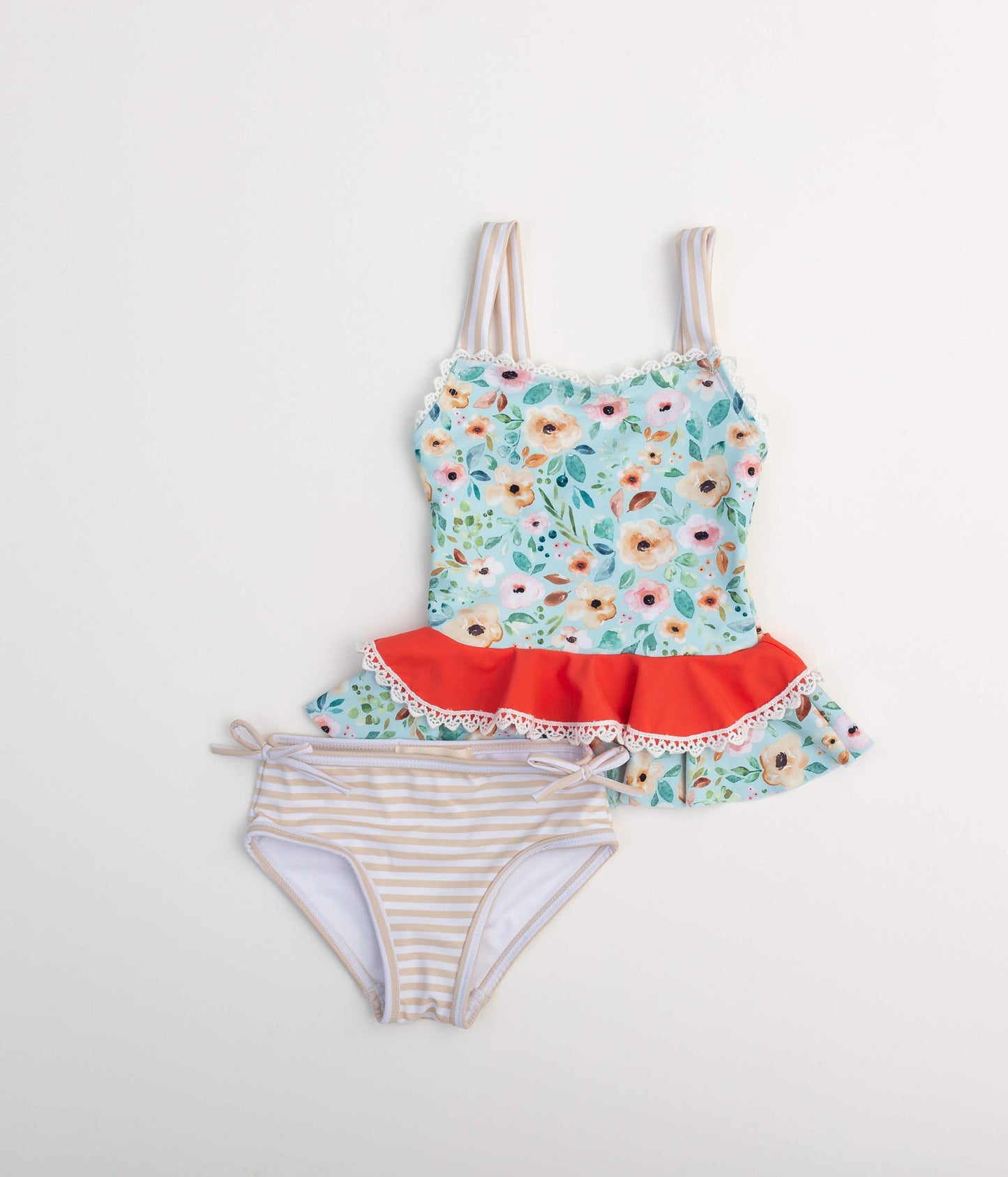 Floral & Tan stripes Girls Swimwear