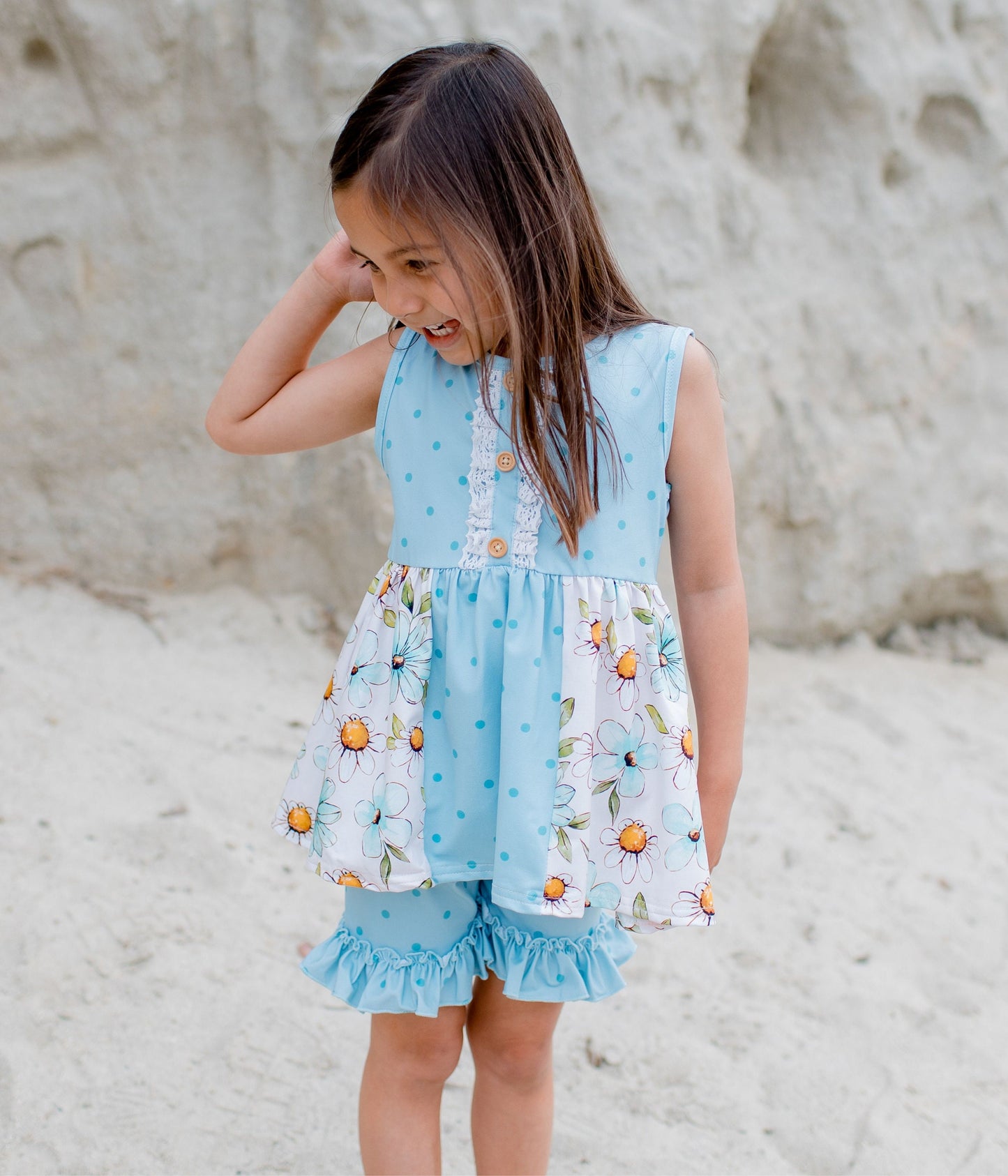 BLUE POLKA FLORAL tunic set for girls