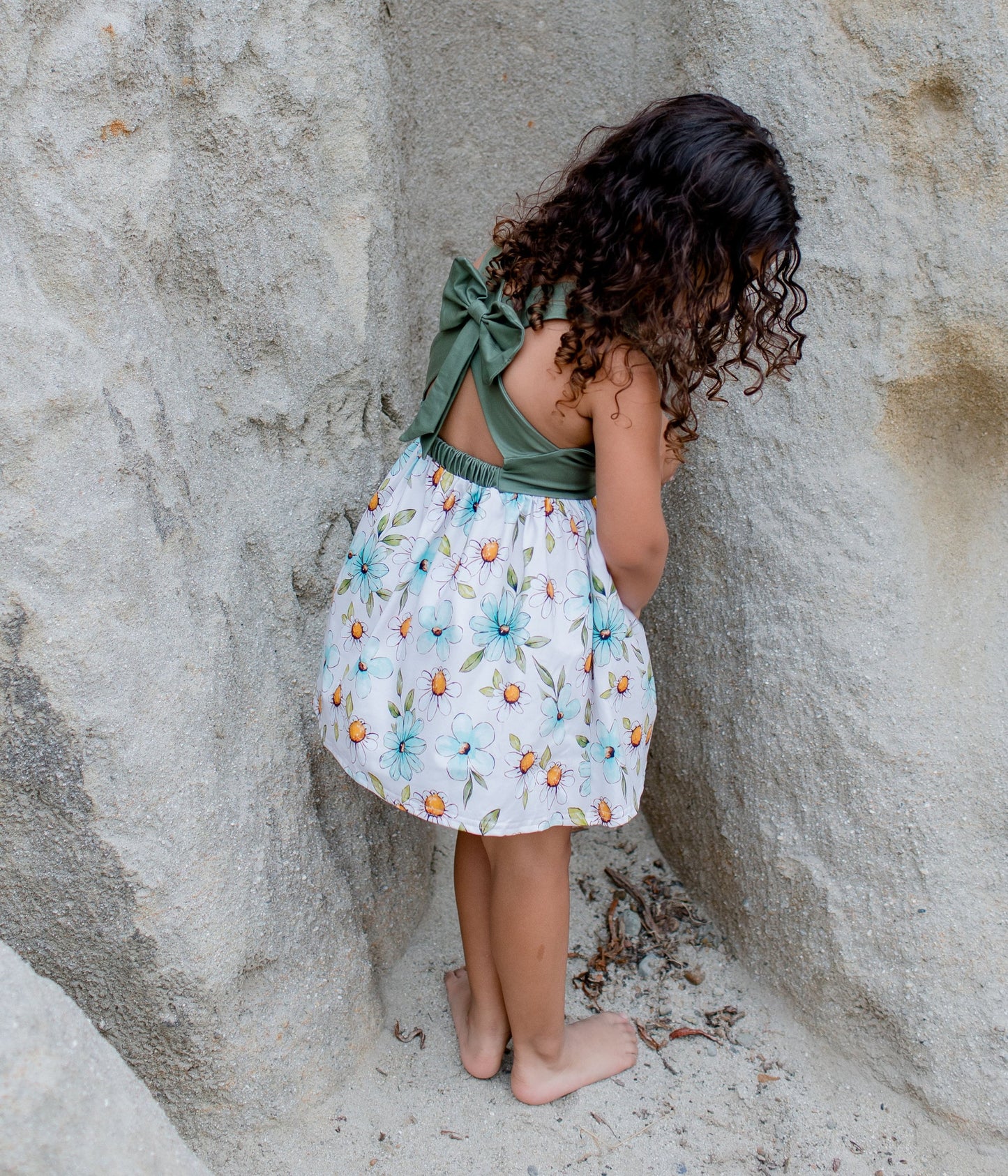 Olive Back Bow Daisy floral dress, kids beach dress, girl floral dress, summer dress, olive green dress, toddler dress, botanical dress