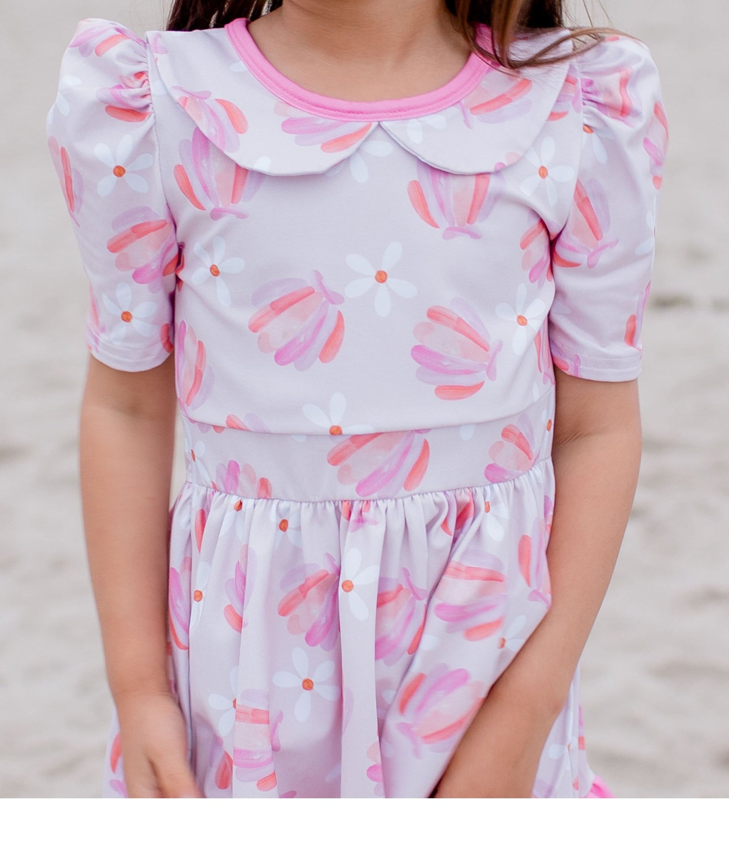 BEACH TWIRL DRESS, Seashells daisy Floral twirl dress, Pink twirl dress, full skirt twirl, Kids beach dress, pastel pink dress