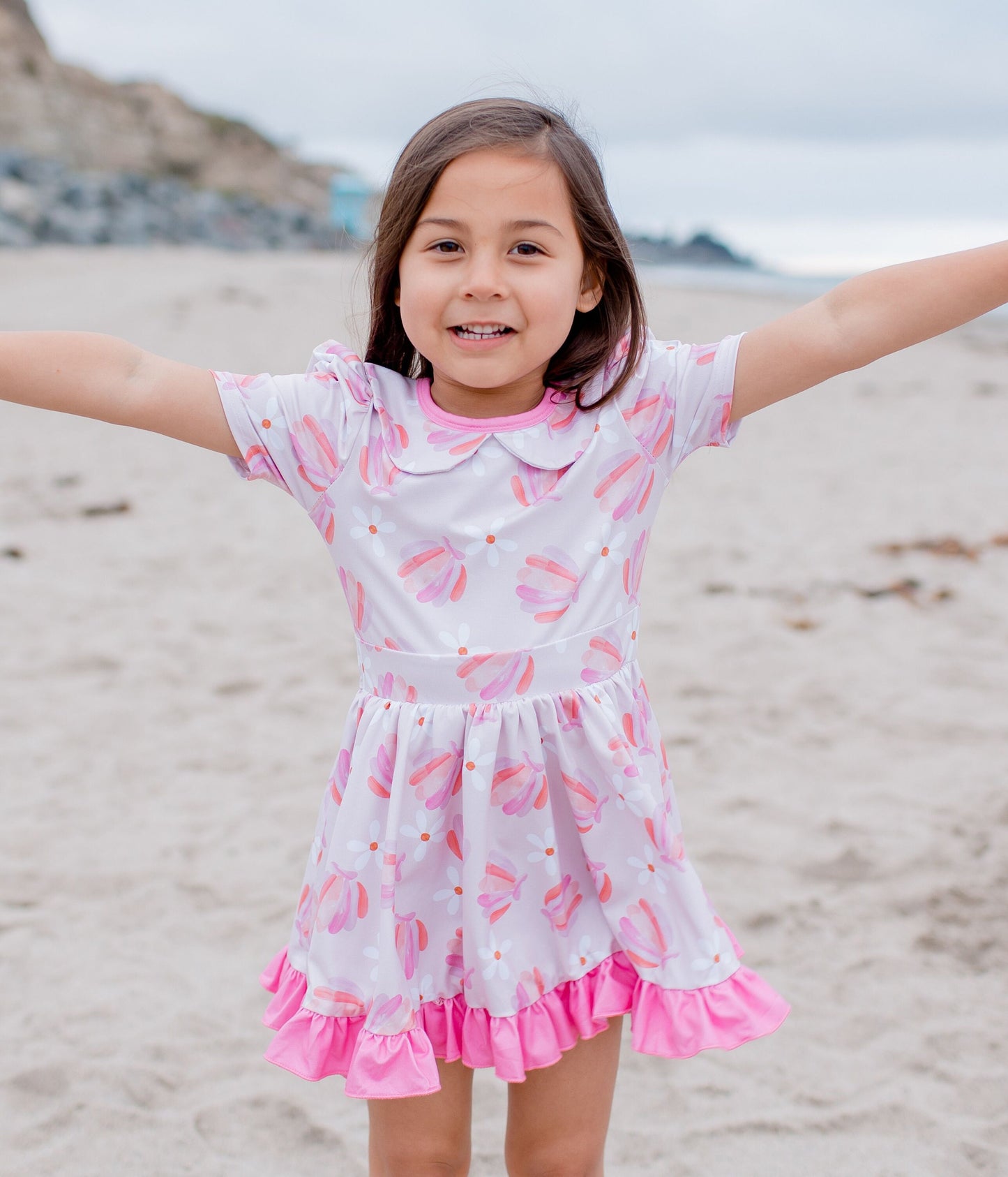 BEACH TWIRL DRESS, Seashells daisy Floral twirl dress, Pink twirl dress, full skirt twirl, Kids beach dress, pastel pink dress