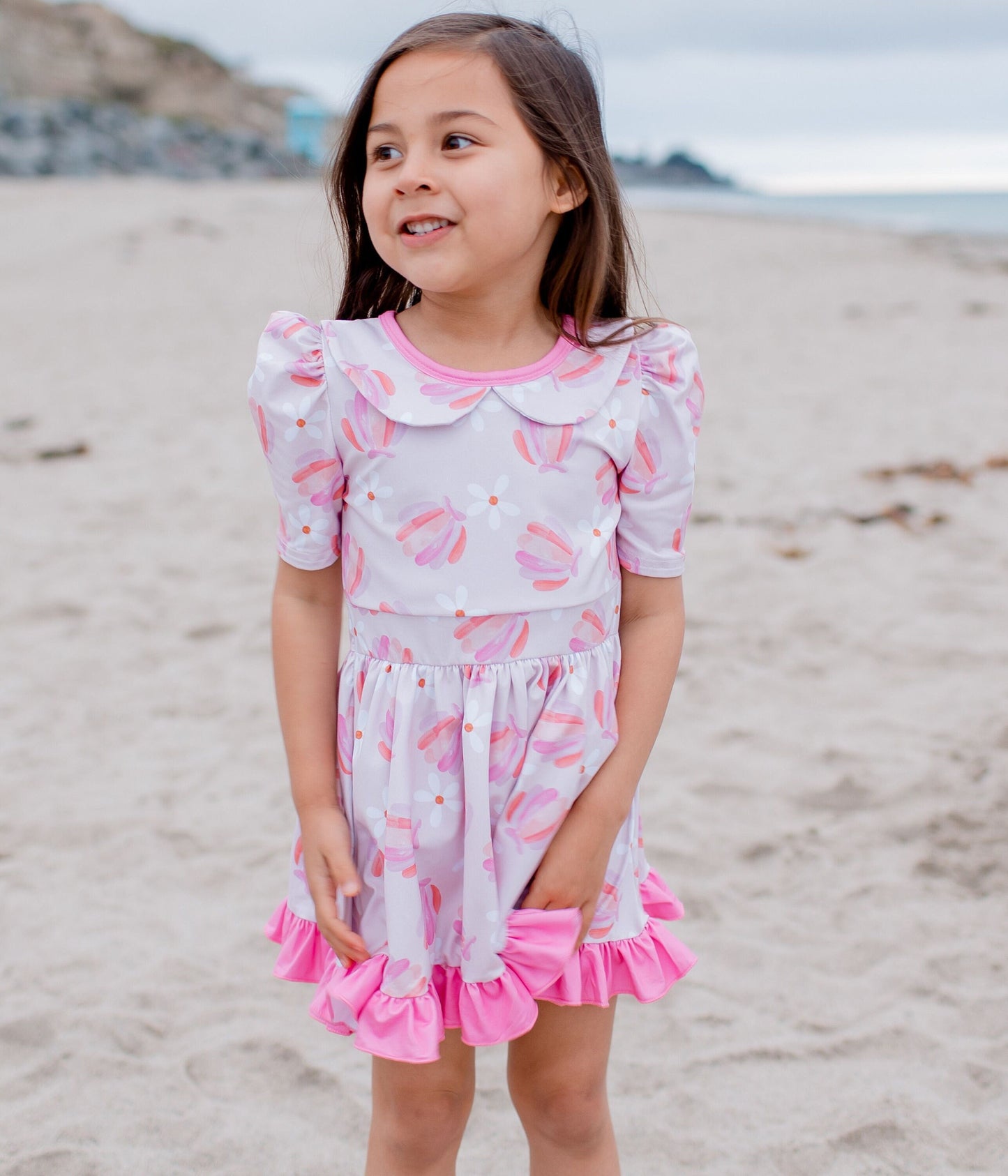 BEACH TWIRL DRESS, Seashells daisy Floral twirl dress, Pink twirl dress, full skirt twirl, Kids beach dress, pastel pink dress