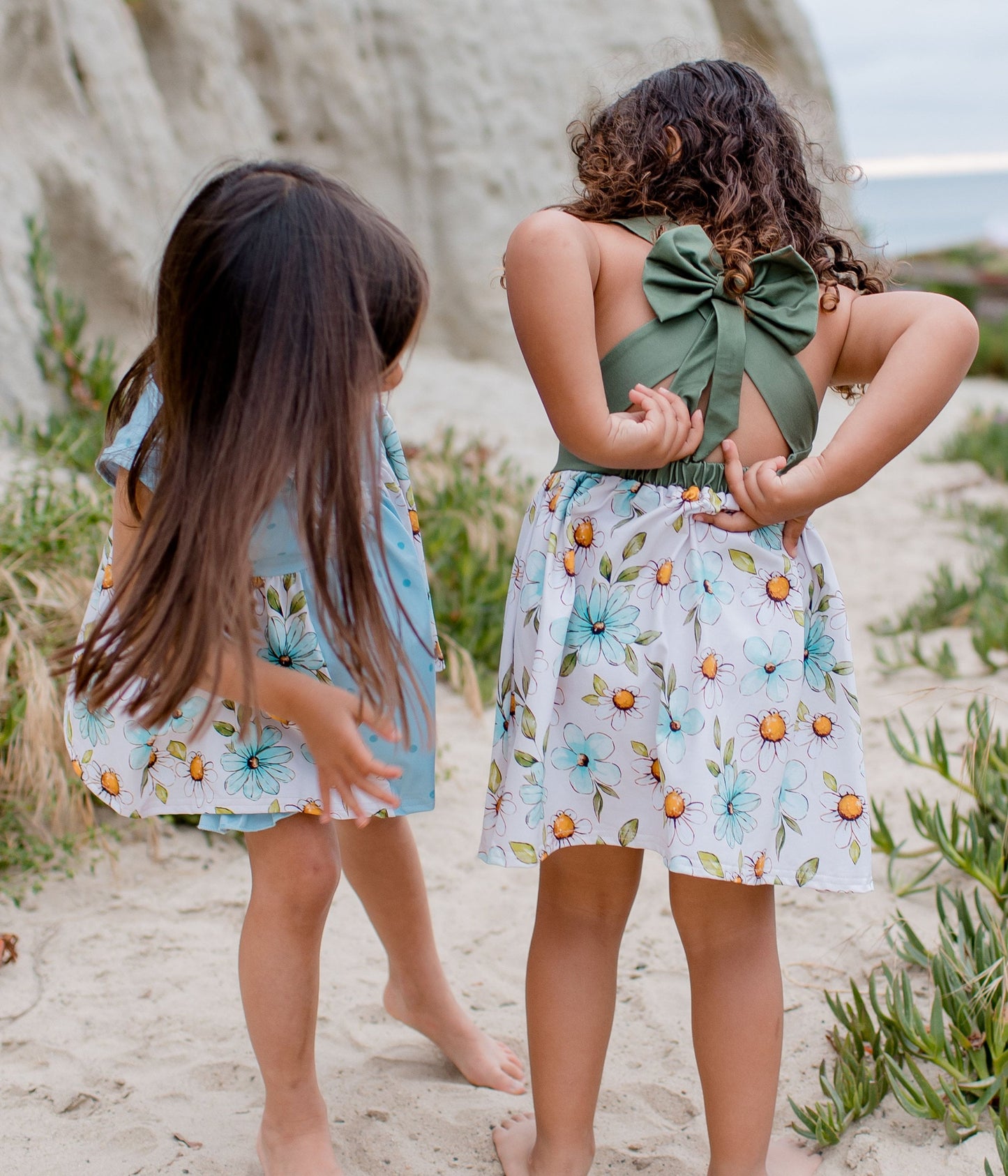 Olive Back Bow Daisy floral dress, kids beach dress, girl floral dress, summer dress, olive green dress, toddler dress, botanical dress