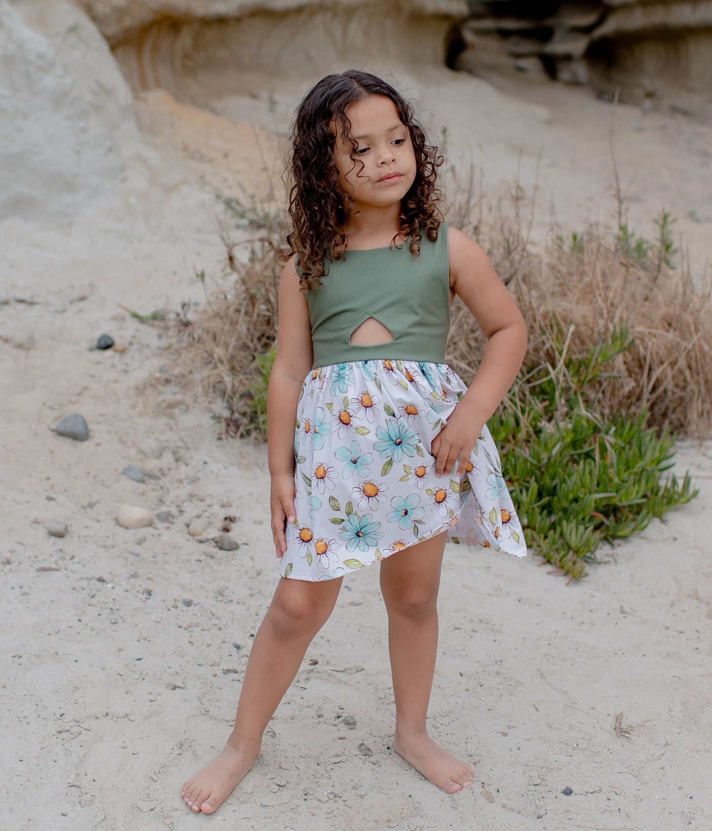 Olive Back Bow Daisy floral dress, kids beach dress, girl floral dress, summer dress, olive green dress, toddler dress, botanical dress