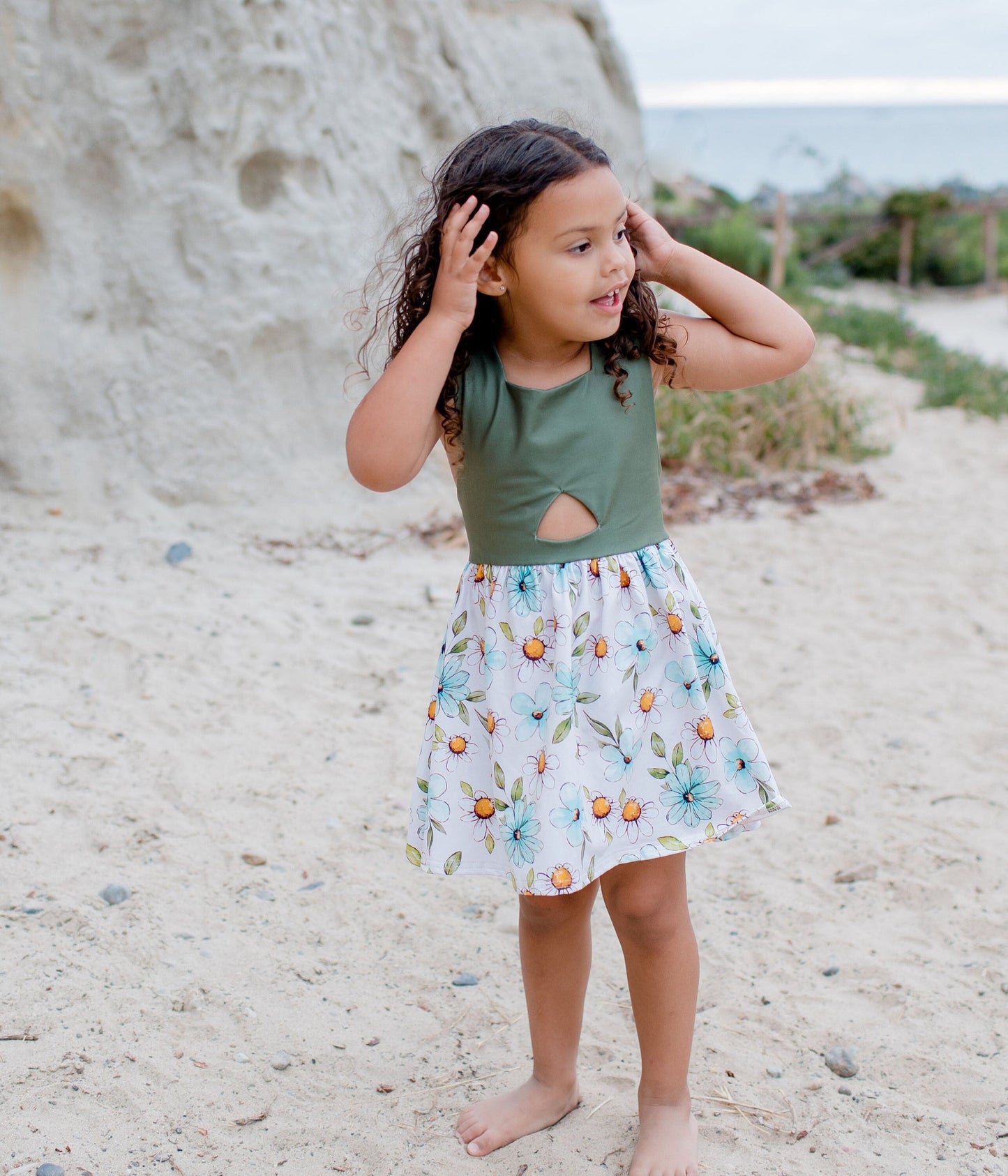 Olive Back Bow Daisy floral dress, kids beach dress, girl floral dress, summer dress, olive green dress, toddler dress, botanical dress