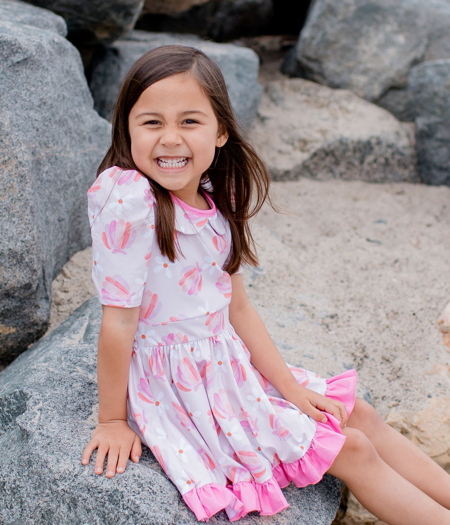 BEACH TWIRL DRESS, Seashells daisy Floral twirl dress, Pink twirl dress, full skirt twirl, Kids beach dress, pastel pink dress