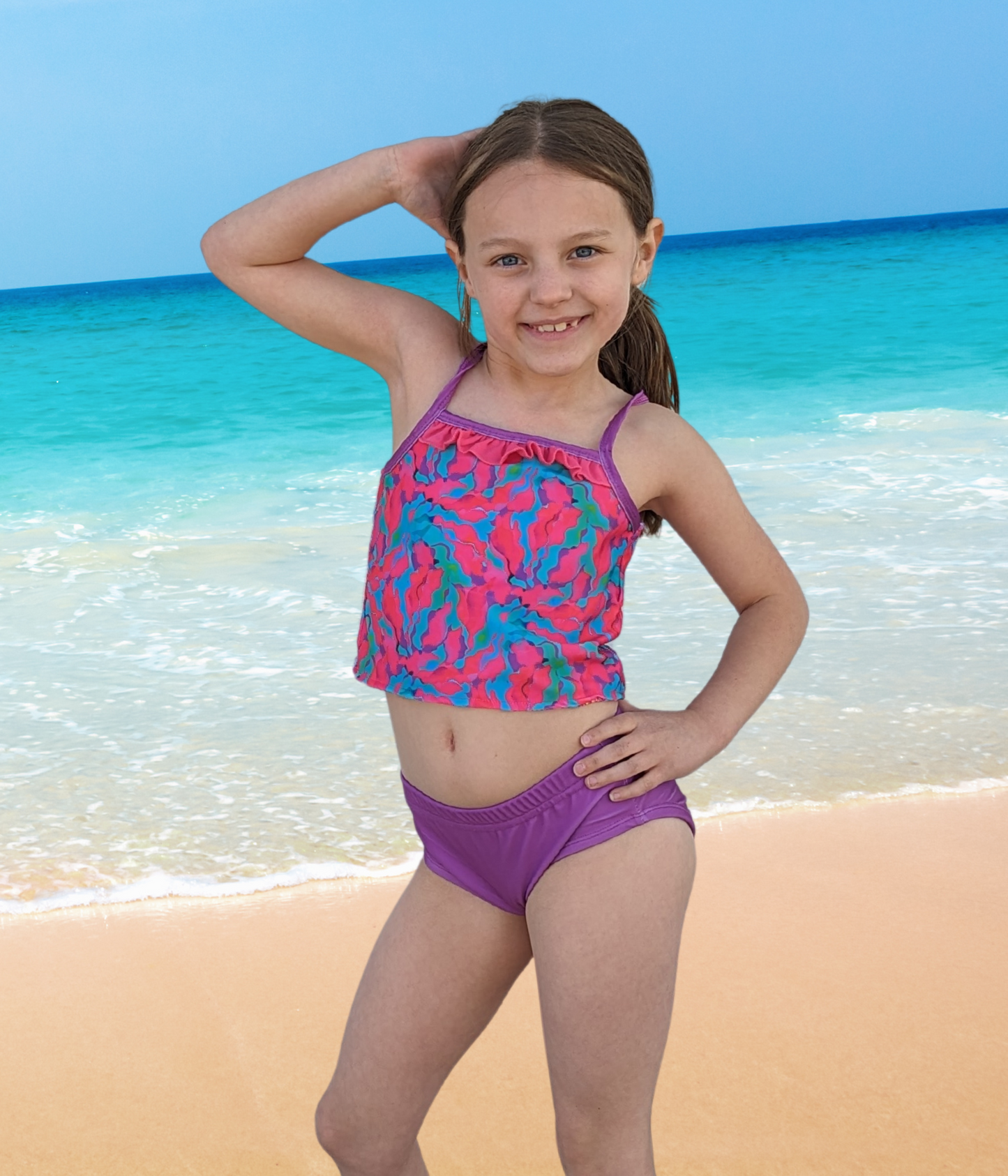 Waves and butterfly print reversible tankini