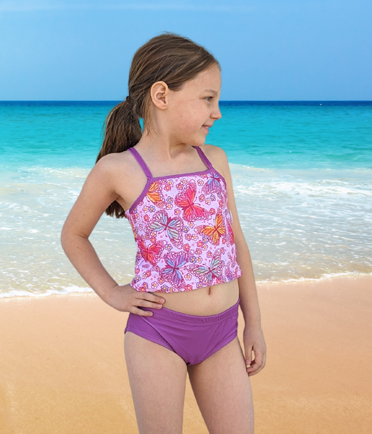 Waves and butterfly print reversible tankini