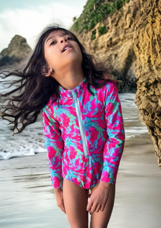 Artistic Waves Girls' Colorful Swirl Rashguard Swimsuit