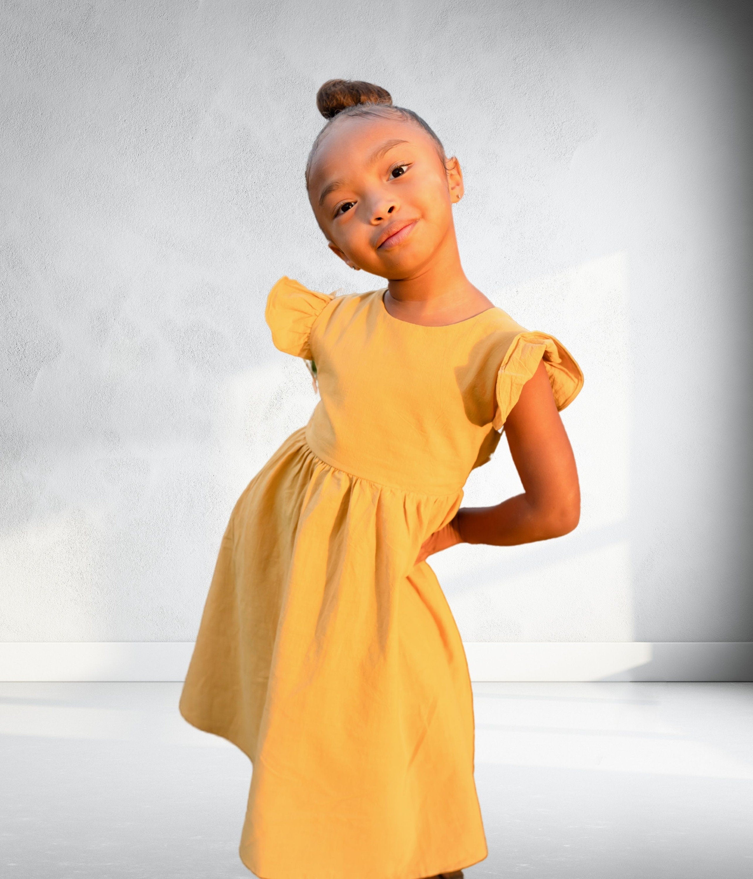 Flutter Sleeves Back Tie Georgina Dress 2T Mustard Yellow