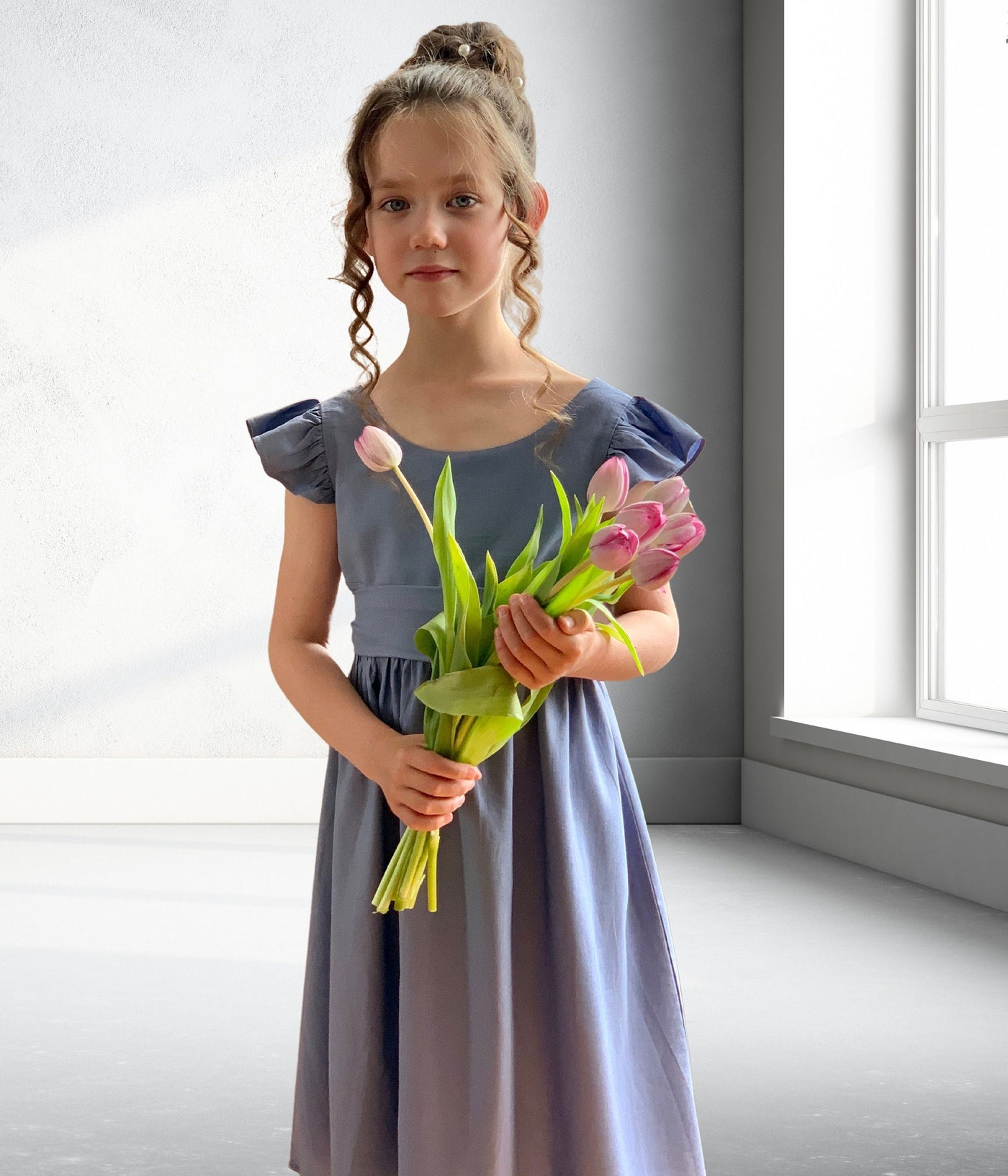 LINEN FLOWER GIRL Dress - Dusty blue flower girl dress, European linen kids dress, linen wedding dress,