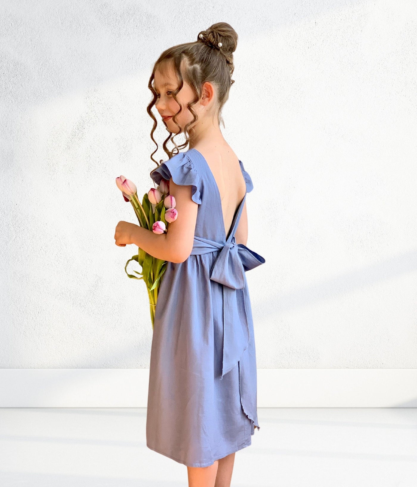 LINEN FLOWER GIRL Dress - Dusty blue flower girl dress, European linen kids dress, linen wedding dress,