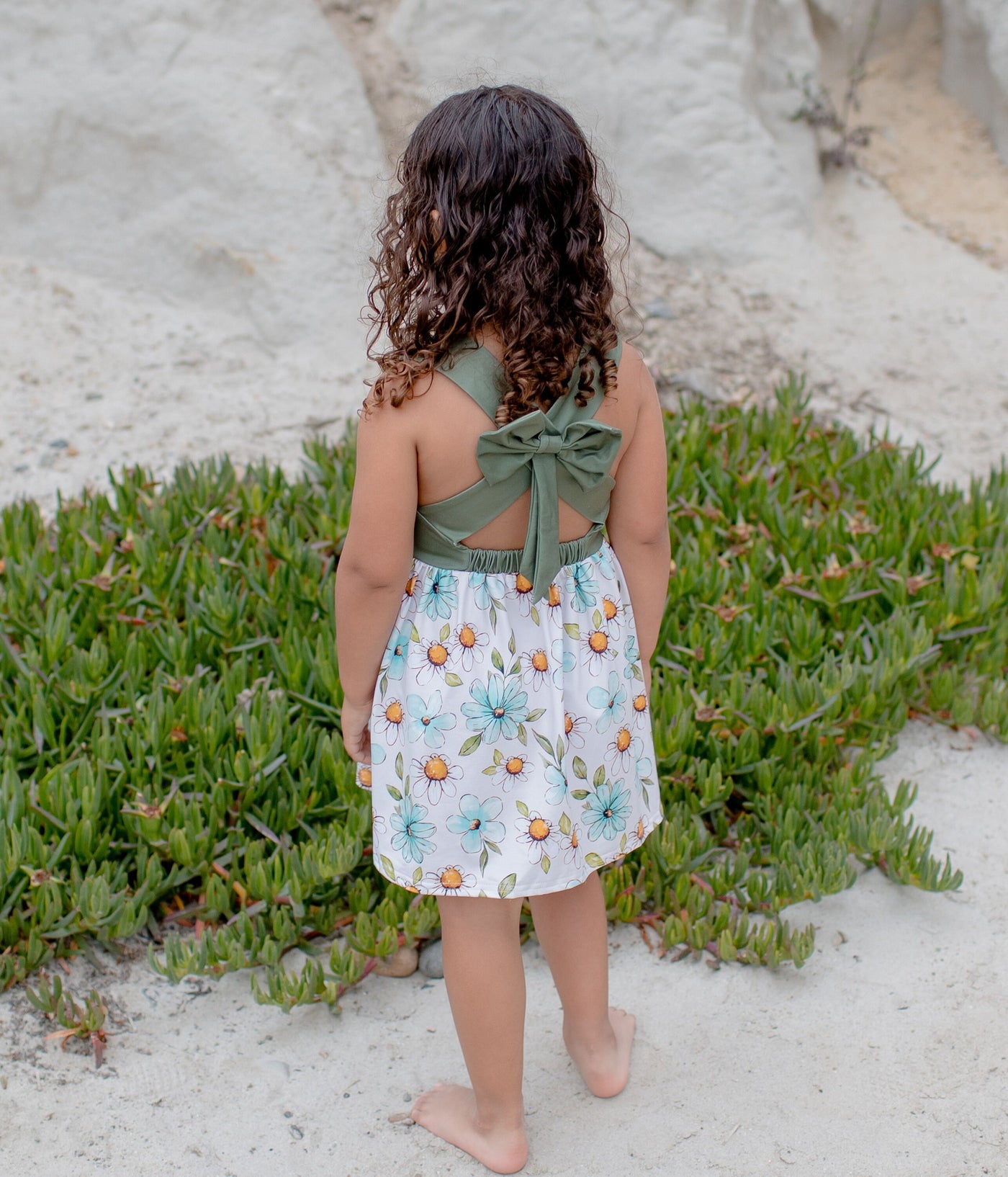 Olive Back Bow Daisy floral dress, kids beach dress, girl floral dress, summer dress, olive green dress, toddler dress, botanical dress