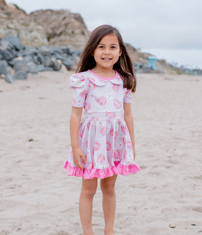 BEACH TWIRL DRESS, Seashells daisy Floral twirl dress, Pink twirl dress, full skirt twirl, Kids beach dress, pastel pink dress