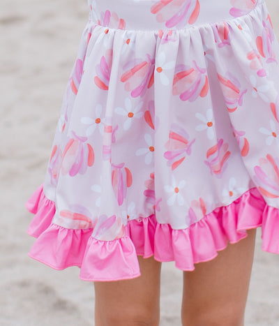 BEACH TWIRL DRESS, Seashells daisy Floral twirl dress, Pink twirl dress, full skirt twirl, Kids beach dress, pastel pink dress